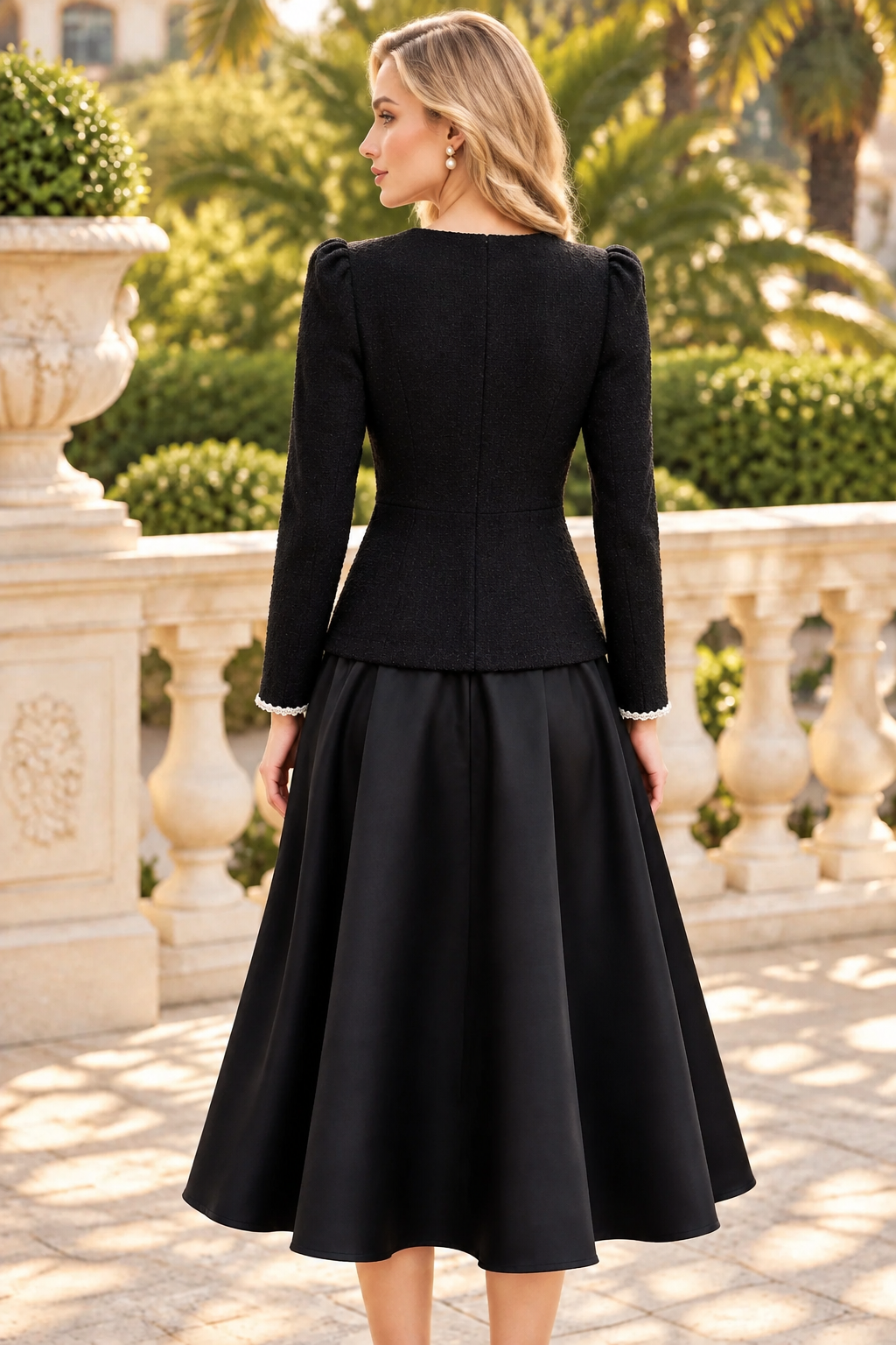 Tweed Jacket and Flared Satin Midi Skirt Two-Piece Set