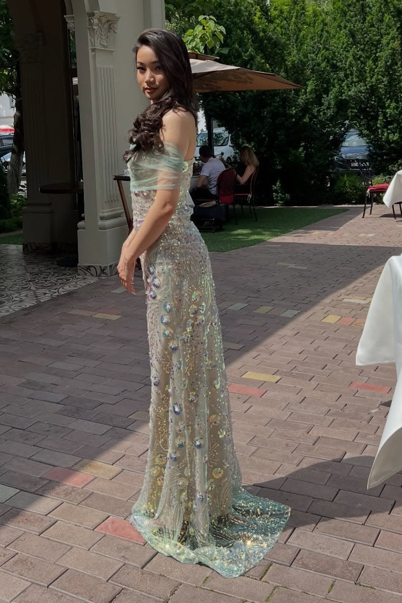 Off-the-Shoulder Sequined Tulle Column Gown