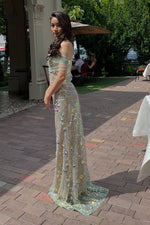 Off-the-Shoulder Sequined Tulle Column Gown