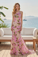 Floral Print Asymmetrical Open-Back Evening Gown