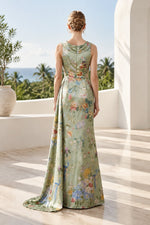 Floral Satin Cowl Neck Gown with Side Drape Train