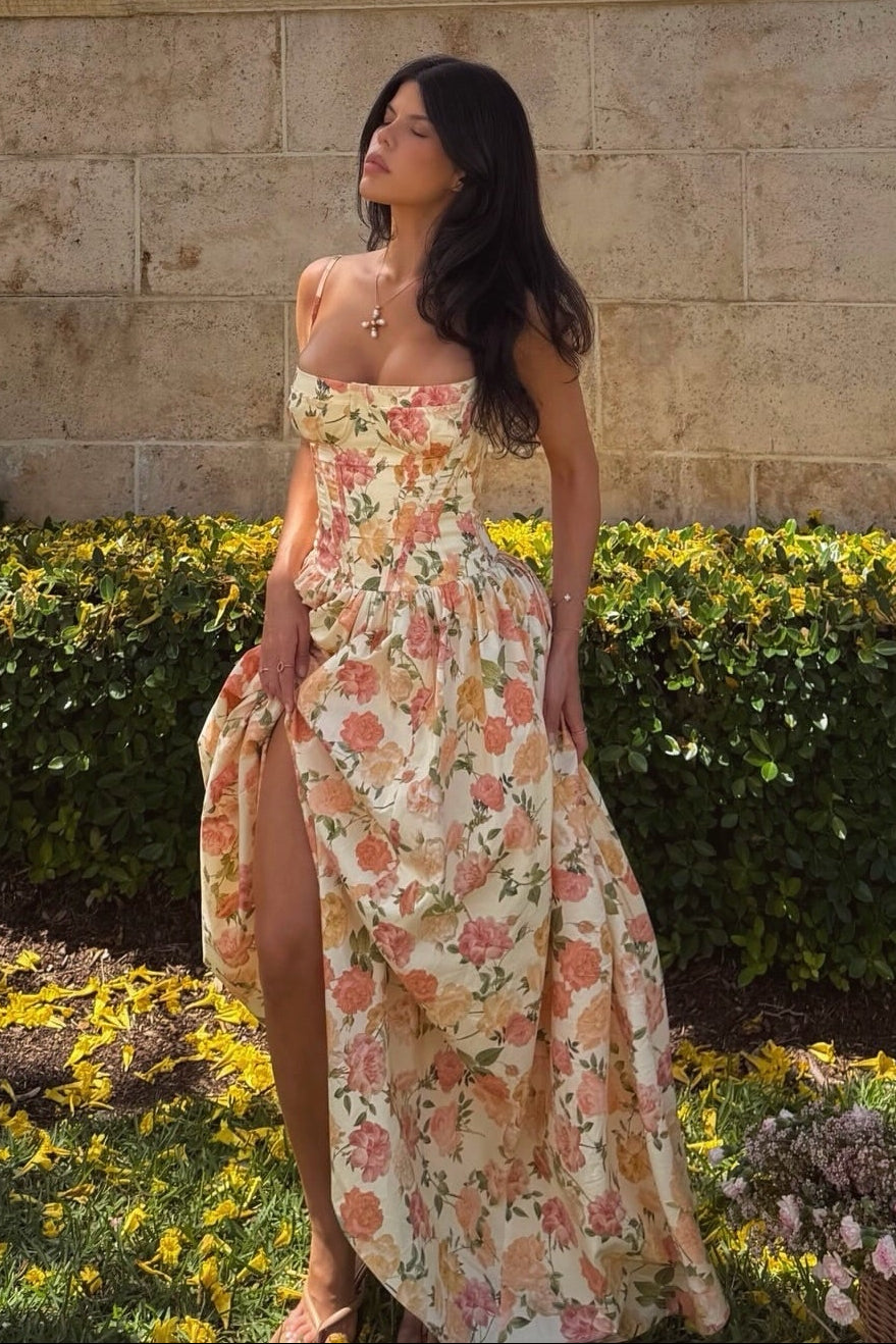 Floral Corset Lace-Up Maxi Dress