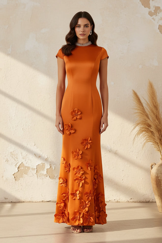 Pearl Collar Satin Mermaid Gown with 3D Flowers