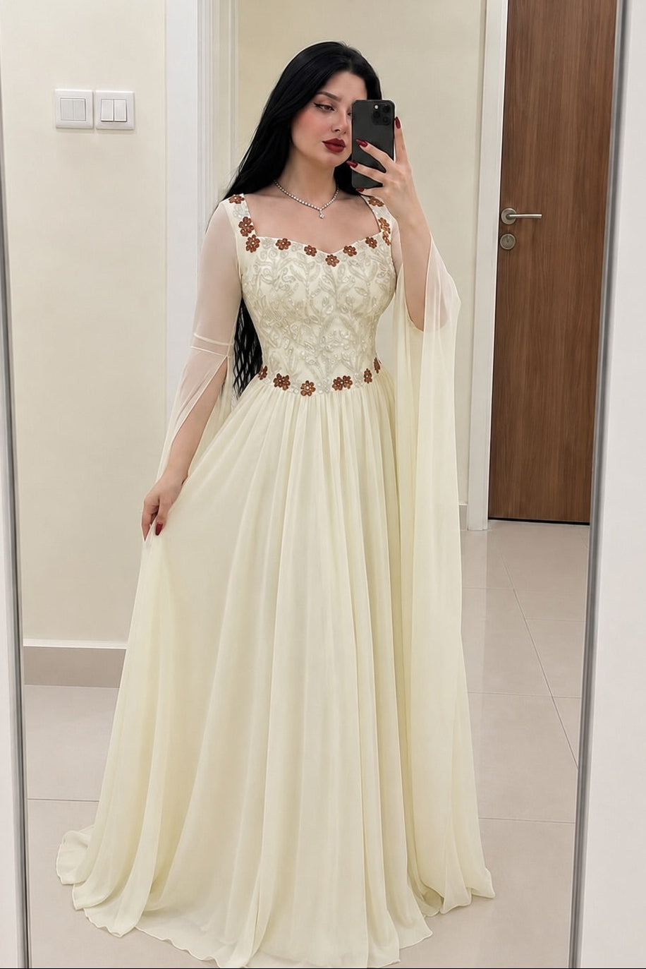 Floral Applique Cape Sleeve A-Line Evening Gown