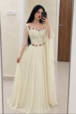 Floral Applique Cape Sleeve A-Line Evening Gown