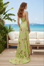 Strapless Floral Column Gown with Side Train
