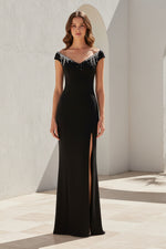 Crystal-Embellished Crepe Column Gown with Slit