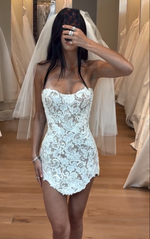 Strapless Floral Lace Pointed Hem Mini Dress
