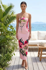 Strapless Floral Print Column Midi Dress