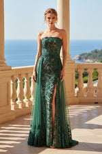 Strapless Lace Gown with Slit & Tulle Drape