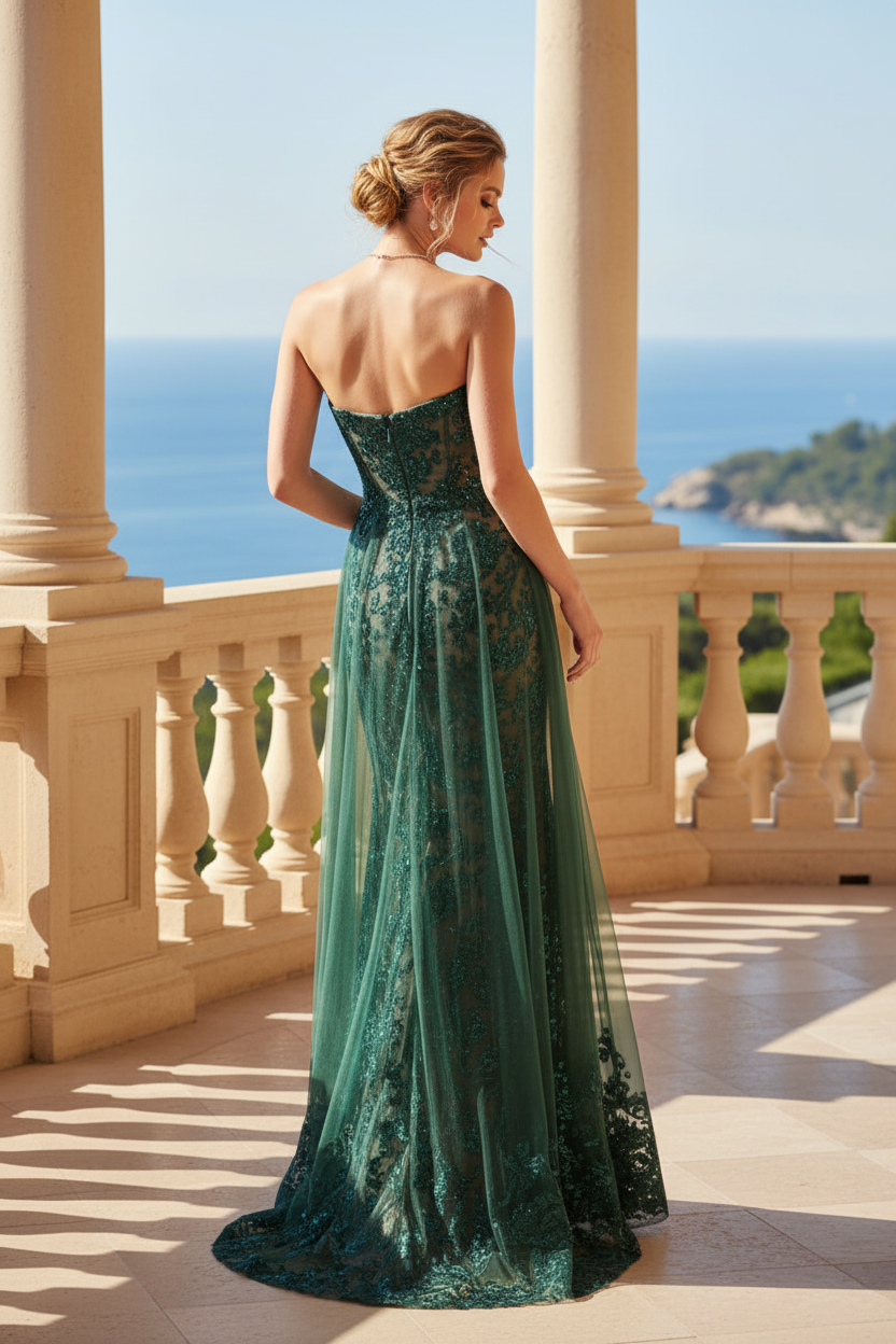 Strapless Lace Gown with Slit & Tulle Drape