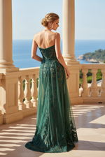 Strapless Lace Gown with Slit & Tulle Drape
