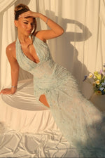 Halter Neck Lace Evening Gown with High Slit