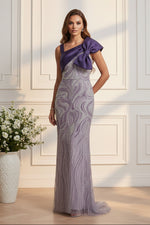 One-Shoulder Beaded Column Gown with Bow Detail