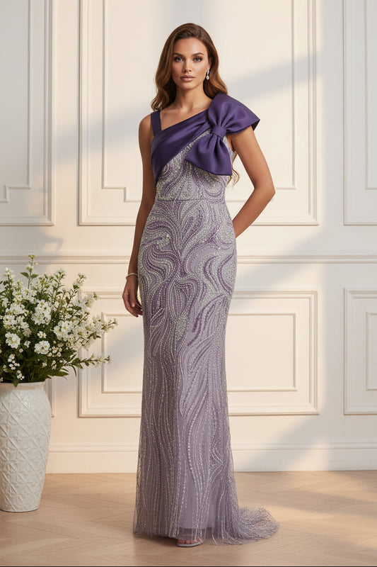 One-Shoulder Beaded Column Gown with Bow Detail