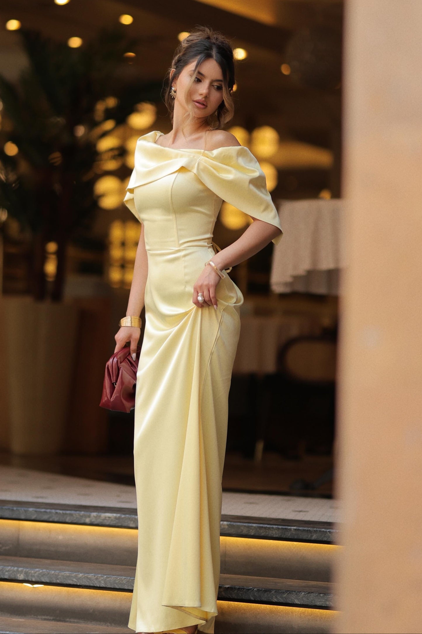 Off-the-Shoulder Satin Column Evening Gown