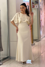 Scalloped Cape Beaded Evening Gown