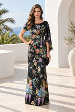 Floral Print Asymmetrical Cape Sleeve Gown