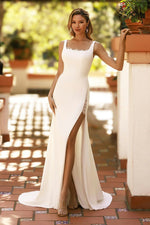 Square Neck Crepe Wedding Dress with Lace Slit