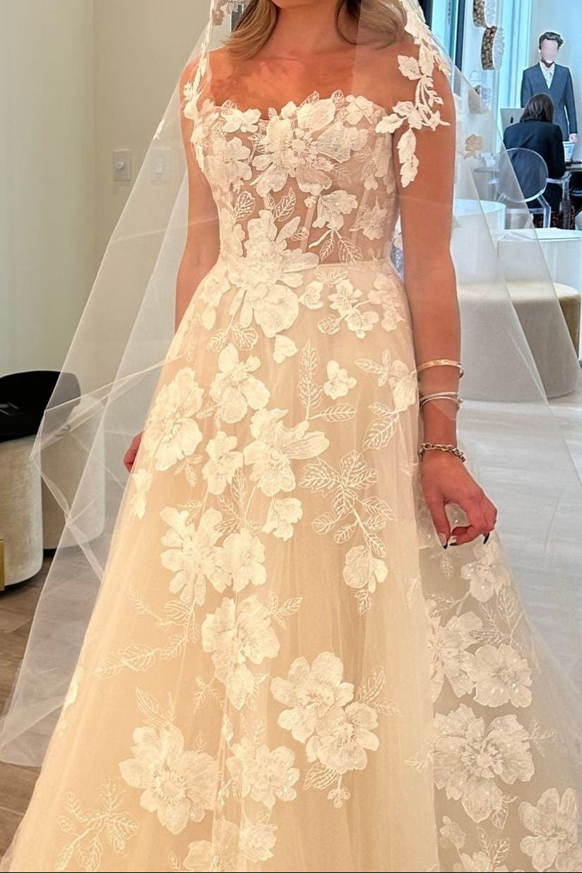 Corset Bodice Floral Lace A-Line Wedding Dress