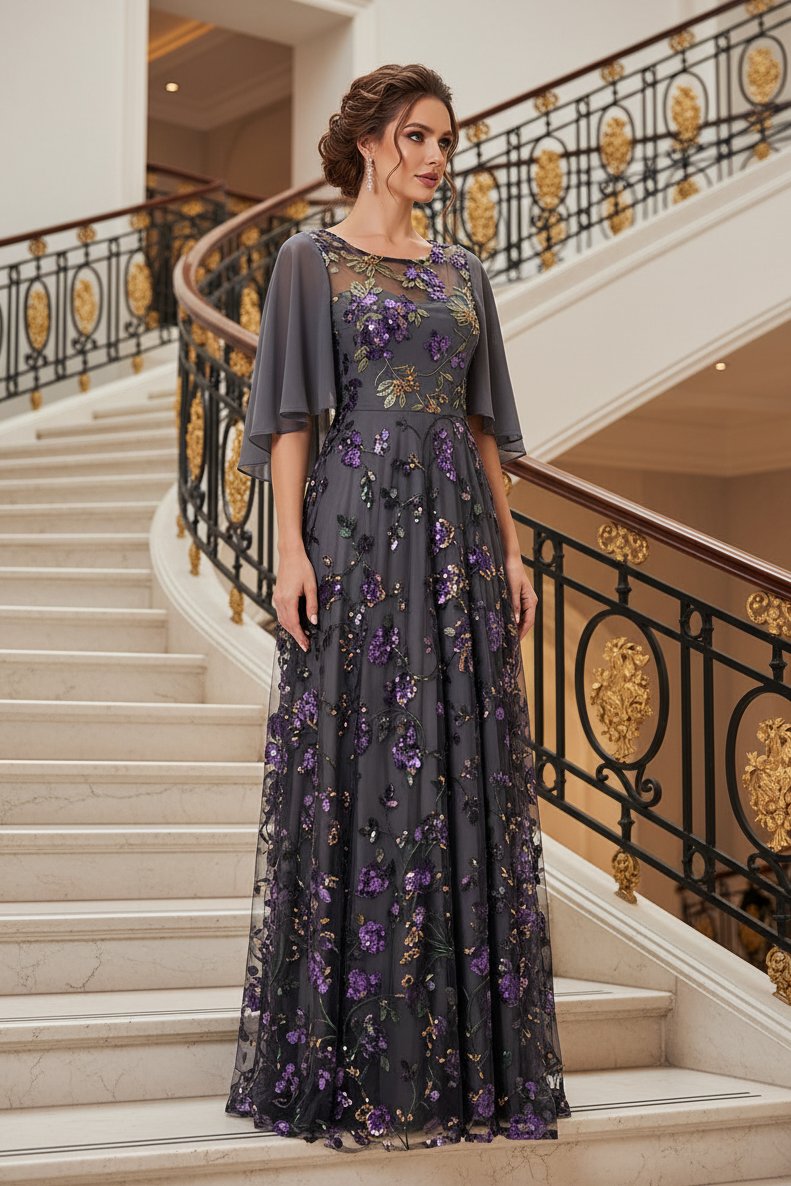 Floral Sequin Illusion Maxi Dress with Cape Sleeves