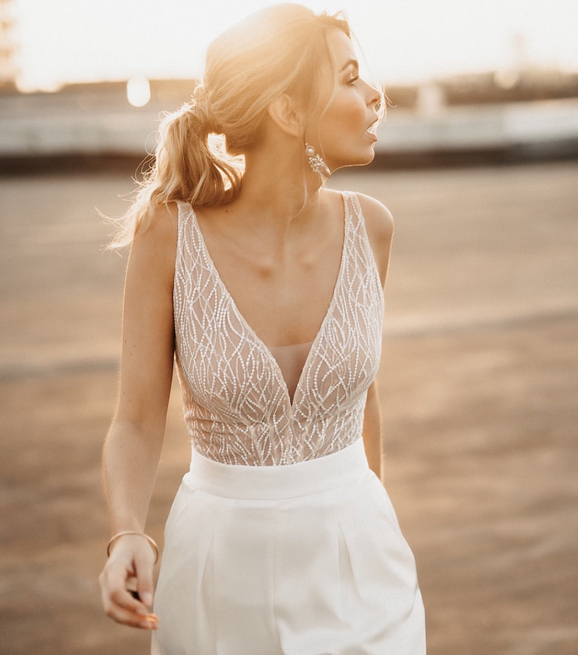Beaded V-Neck Satin Jumpsuit with Pockets