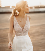 Beaded V-Neck Satin Jumpsuit with Pockets