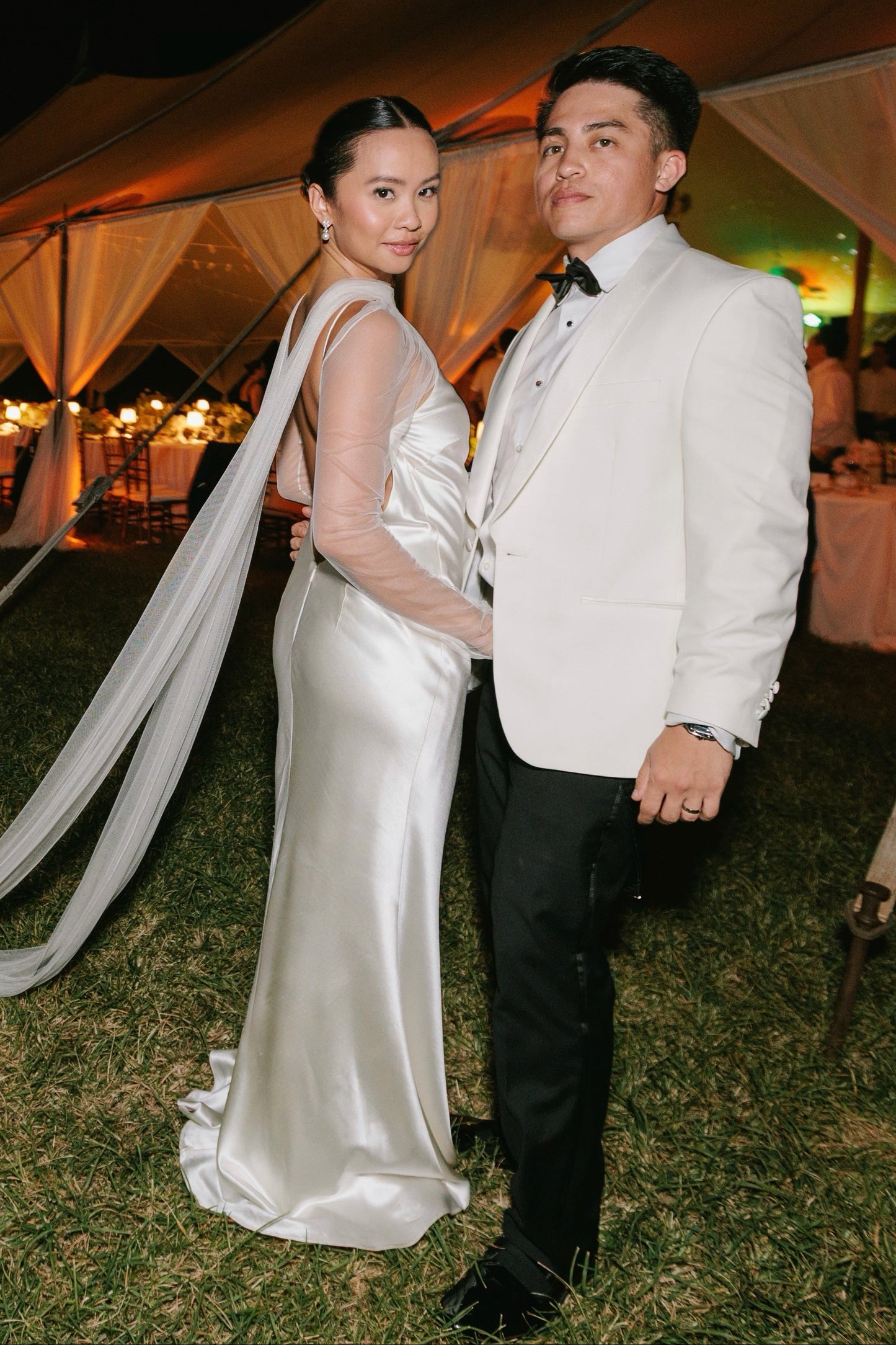 Low Back Satin Wedding Dress with Sheer Cape