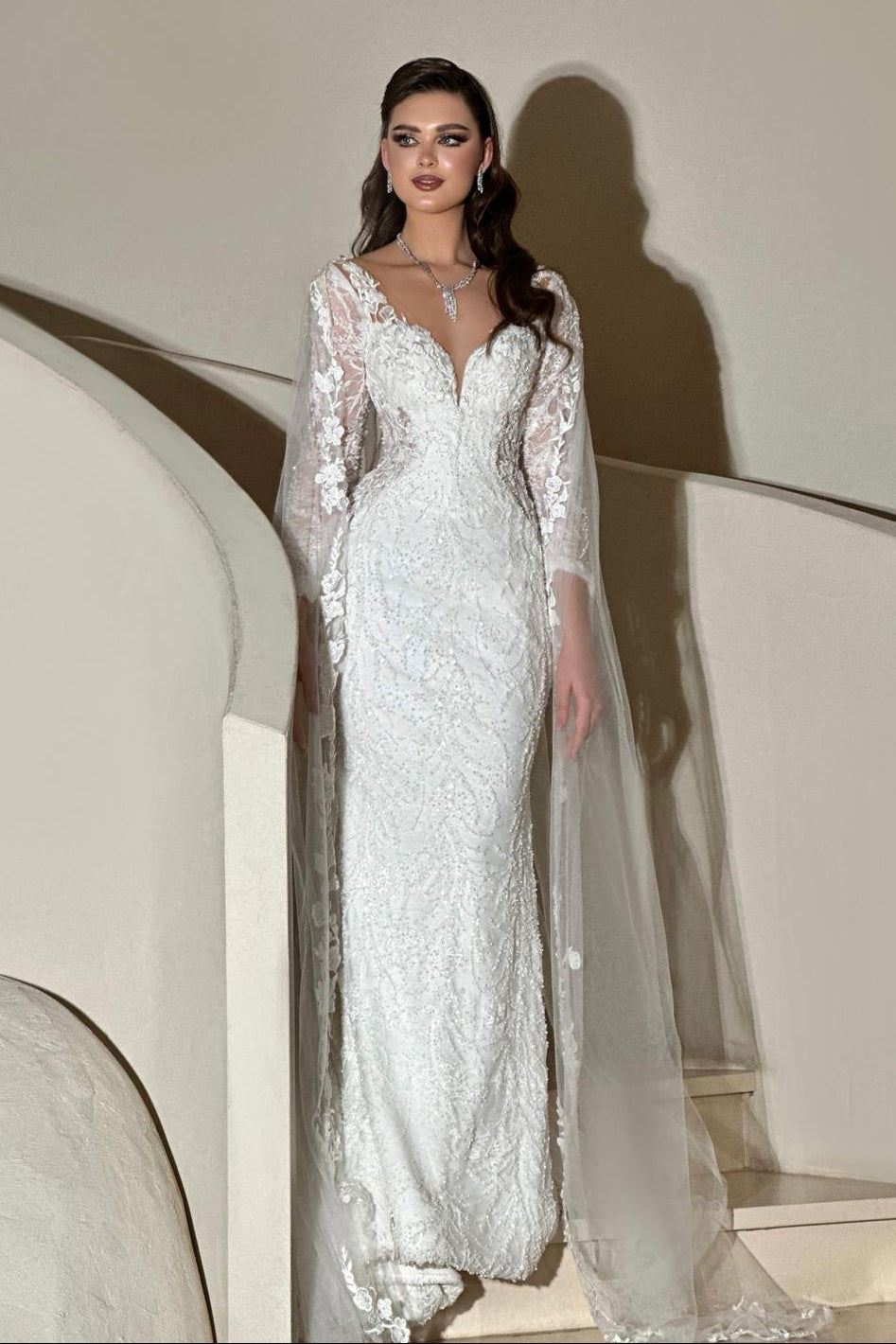 V-Neck Lace Sheath Wedding Dress with Cape Train