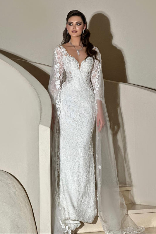 V-Neck Lace Sheath Wedding Dress with Cape Train