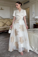 A-Line Wrap Bodice Midi Dress with Floral Appliques