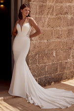 Plunging Lace-Panel Fit-and-Flare Wedding Dress