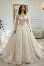 Long Sleeve Illusion Lace Corset Ball Gown