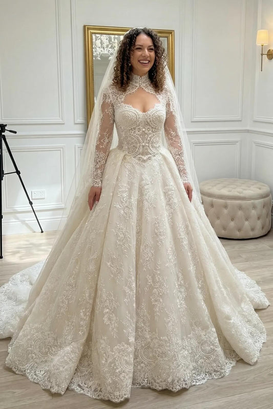 Long Sleeve Illusion Lace Corset Ball Gown
