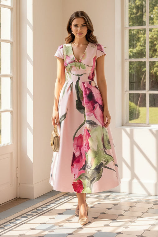 Floral A-Line Midi Dress with Cap Sleeves