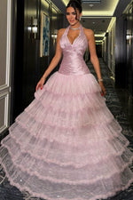 Halter Neck Tiered Fringe Floor-Length Gown