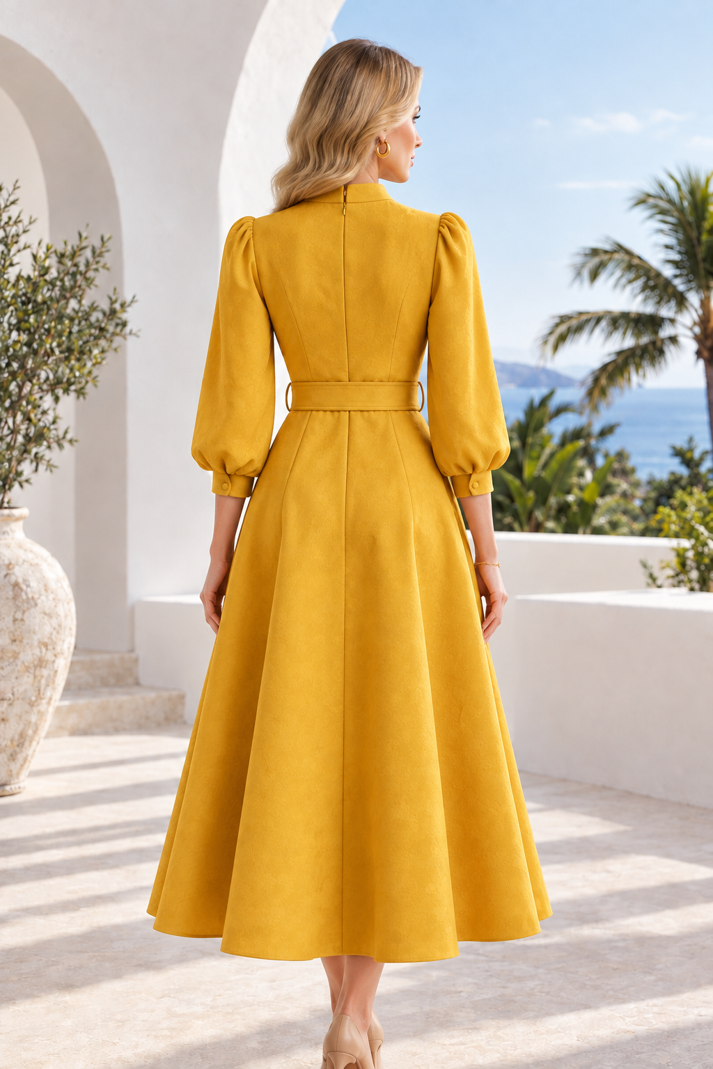 3D Floral A-Line Midi Dress with Sheer Sleeves