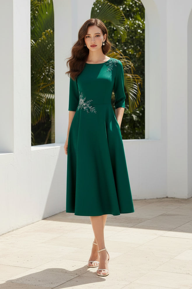 A-Line Midi Dress with 3/4 Sleeves and Pockets