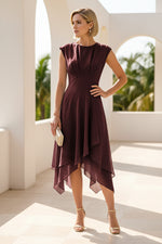 Cap Sleeve High-Low Midi Dress with Pleated Bodice