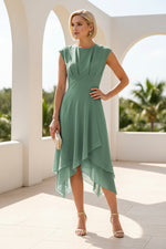 Cap Sleeve High-Low Midi Dress with Pleated Bodice