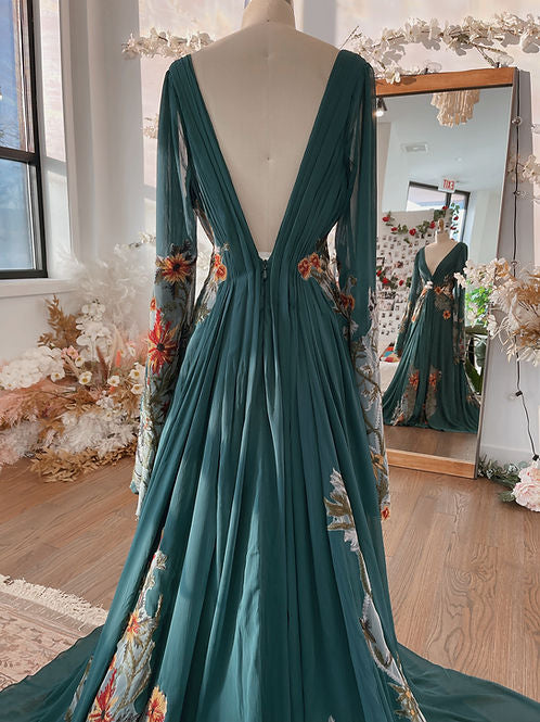 Deep V-Neck Long Sleeve Boho Floral Chiffon Gown