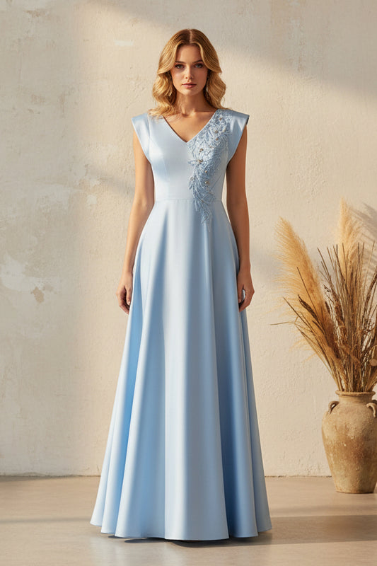 Cap Sleeve A-Line Evening Gown with Lace Appliques