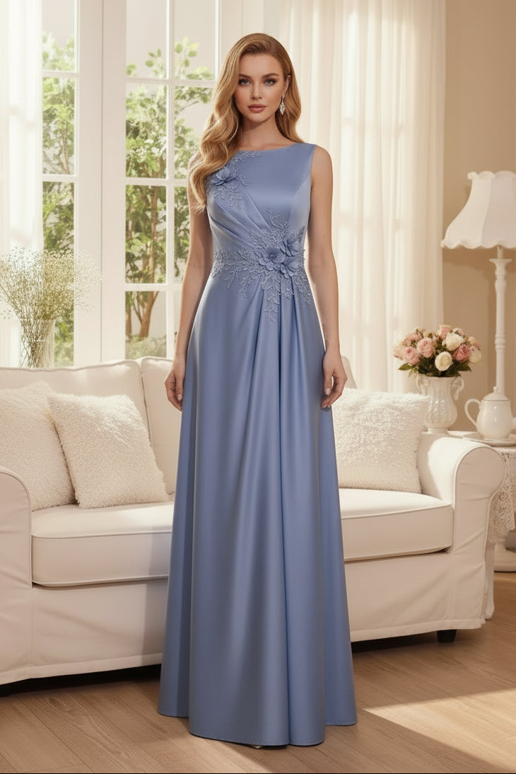 Sleeveless Satin A-Line Gown with 3D Floral Appliques
