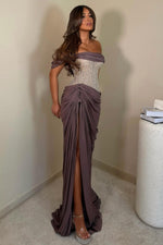 Beaded Corset Draped Slit Evening Gown