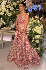 Floral Jacquard Strapless A-Line Evening Gown
