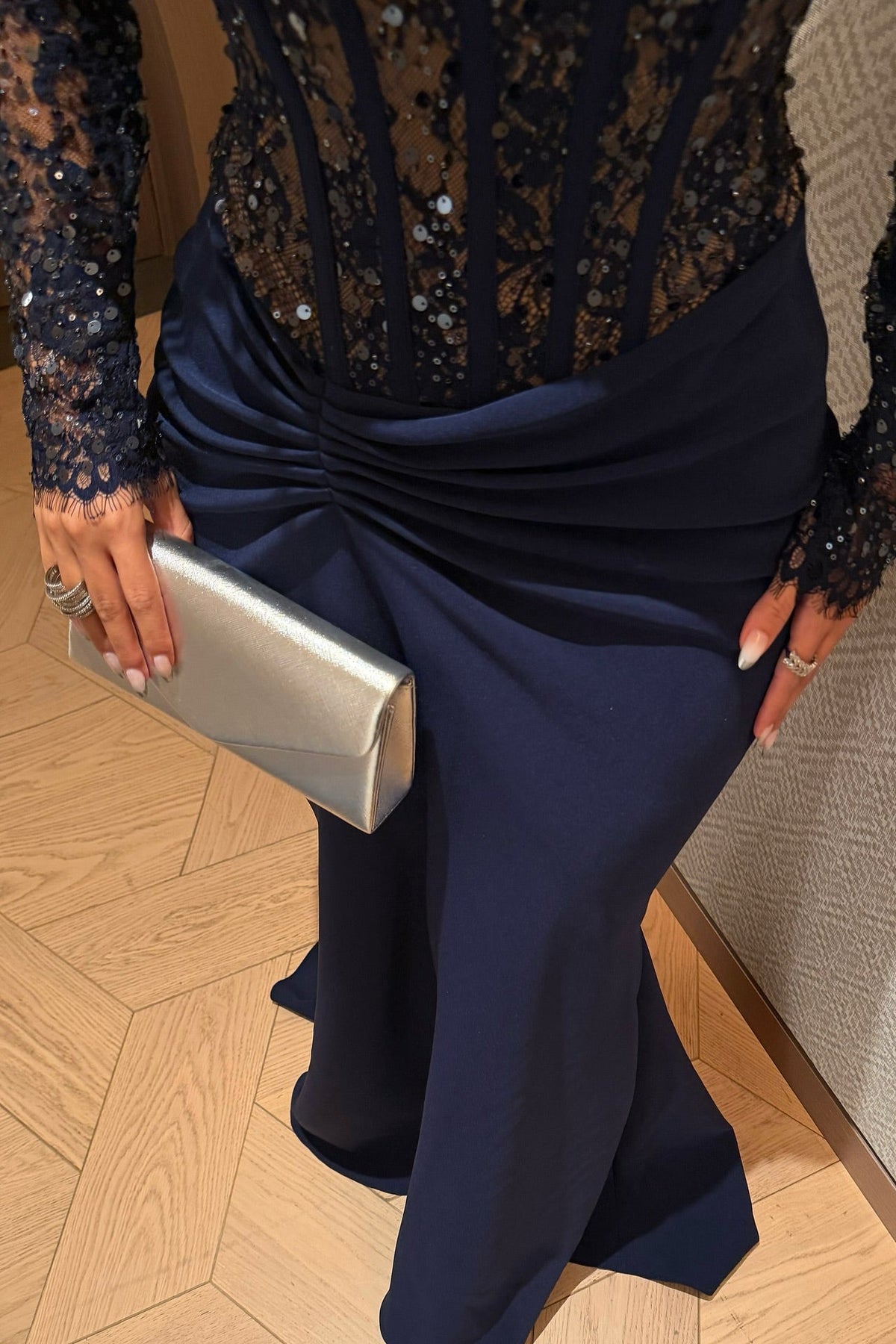 Corset Lace Sequin Evening Gown with Long Sleeves