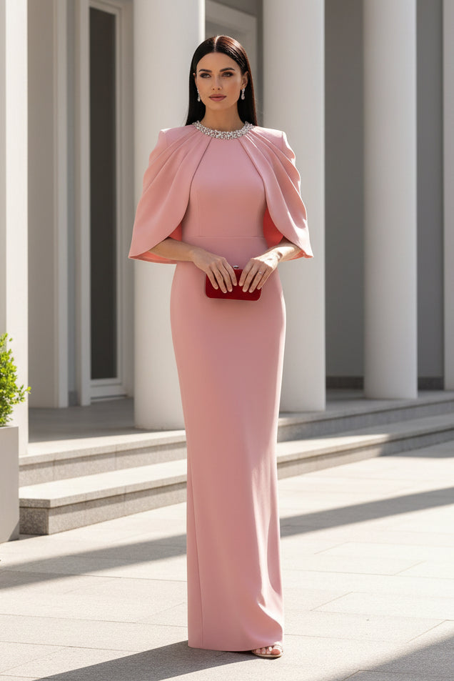 Embellished High-Neck Cape Sheath Gown