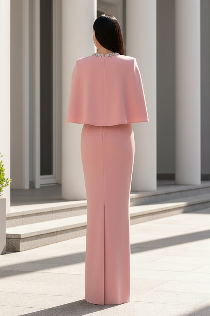 Embellished High-Neck Cape Sheath Gown