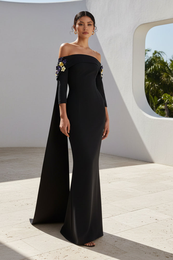 Off-the-Shoulder Cape Evening Gown with 3D Flowers