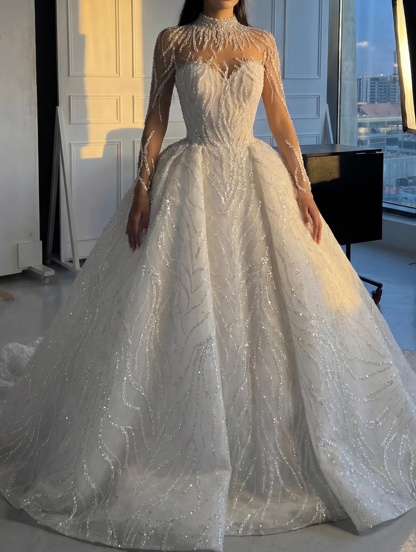 Illusion High Neck Beaded Ball Gown Wedding Dress